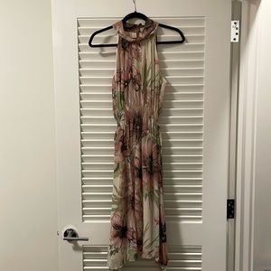 Floral halter style chiffon dress with elastic waist and matching belt